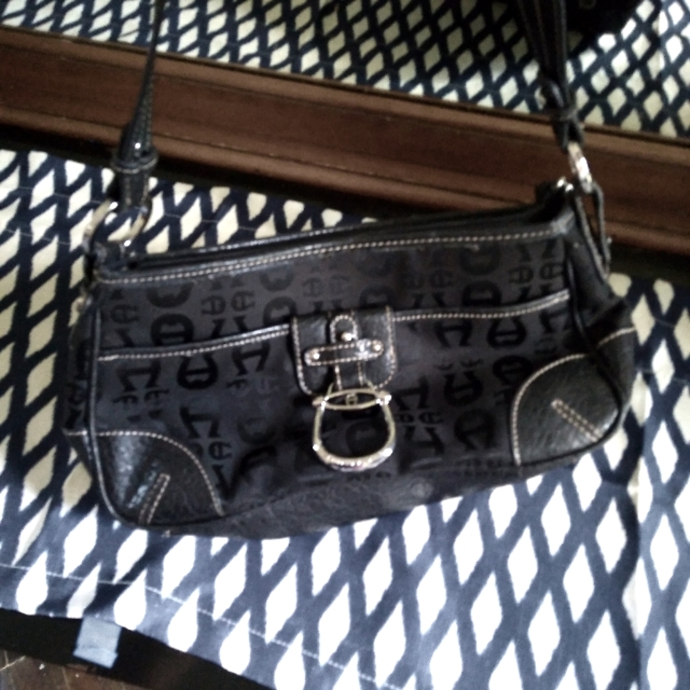 Etienne Aigner Small Shoulder Bag Black Leather/Canvas Shimmery Logo Print